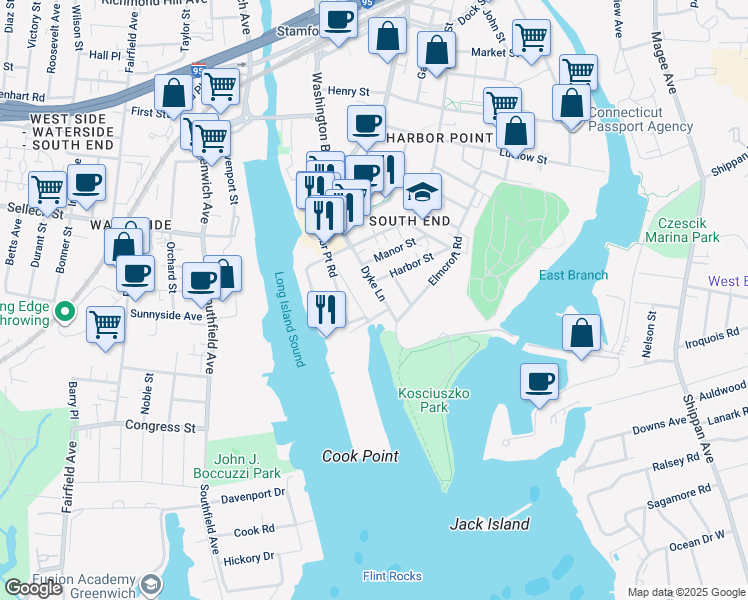 map of restaurants, bars, coffee shops, grocery stores, and more near 2 Harbor Point Road in Stamford