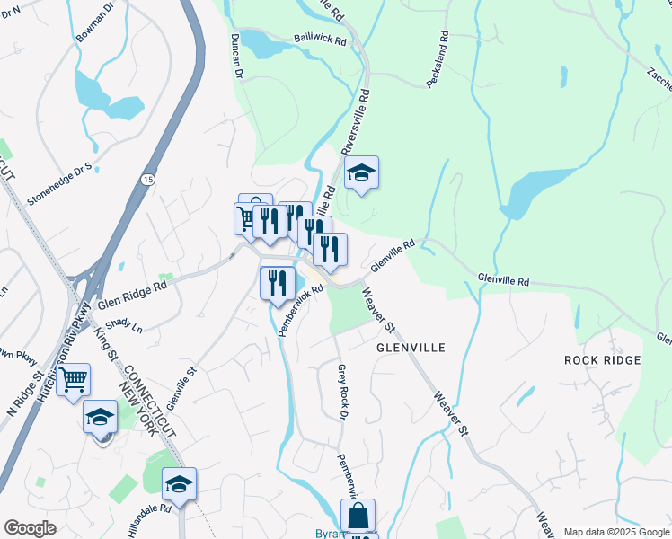 map of restaurants, bars, coffee shops, grocery stores, and more near 255 Glenville Road in Greenwich