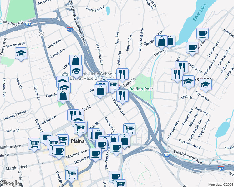 map of restaurants, bars, coffee shops, grocery stores, and more near 62 Lake Street in White Plains