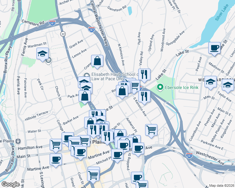 map of restaurants, bars, coffee shops, grocery stores, and more near 11 Terrace Avenue in White Plains