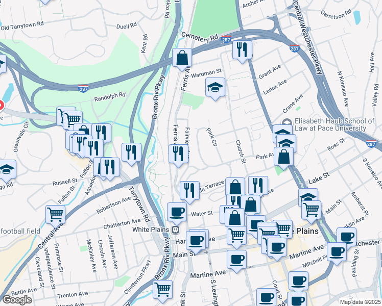 map of restaurants, bars, coffee shops, grocery stores, and more near 33 Fairview Avenue in White Plains