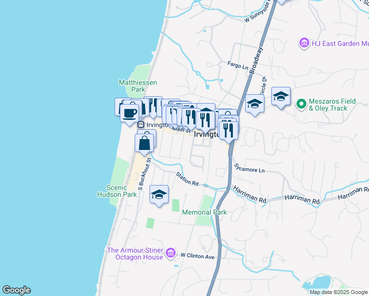 map of restaurants, bars, coffee shops, grocery stores, and more near 19 South Eckar Street in Irvington