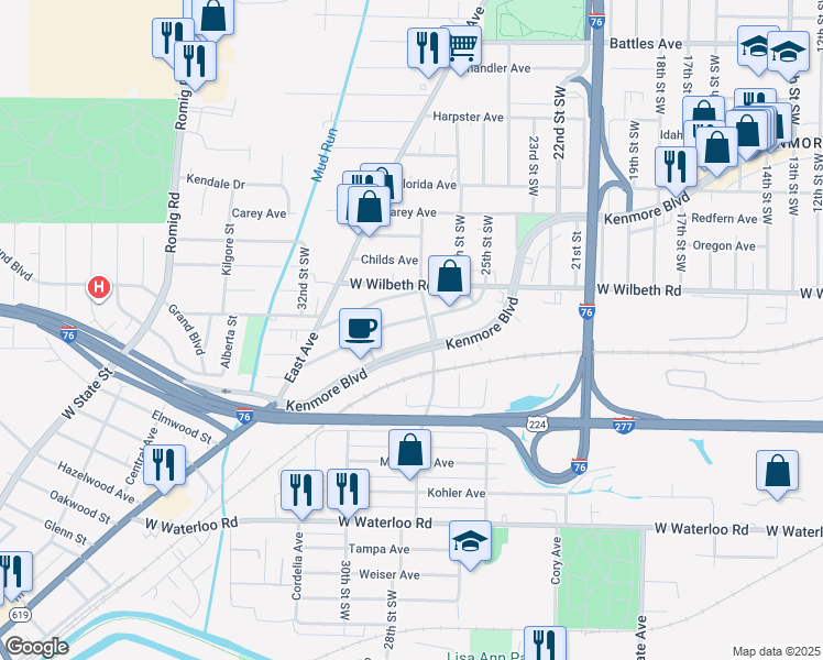 map of restaurants, bars, coffee shops, grocery stores, and more near 1277 California Avenue in Akron