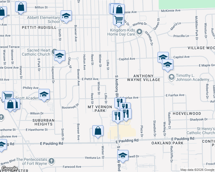 map of restaurants, bars, coffee shops, grocery stores, and more near 5001 Lillie Street in Fort Wayne