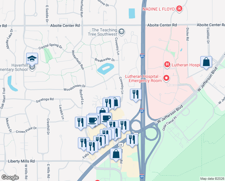 map of restaurants, bars, coffee shops, grocery stores, and more near 4918 Long Canon Place in Fort Wayne