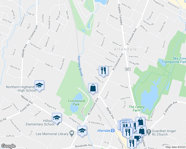 map of restaurants, bars, coffee shops, grocery stores, and more near 54 Hamilton Street in Allendale