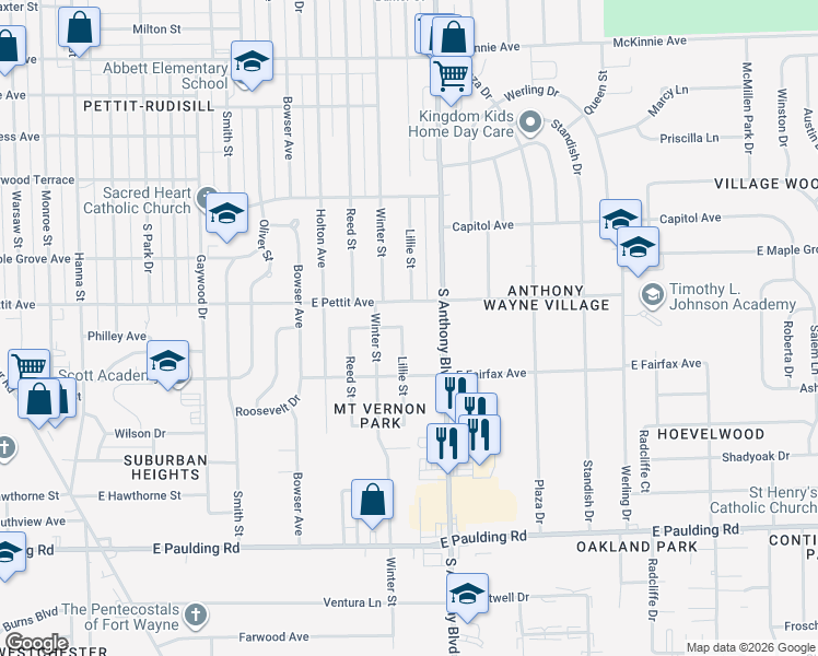 map of restaurants, bars, coffee shops, grocery stores, and more near 5001 Lillie Street in Fort Wayne
