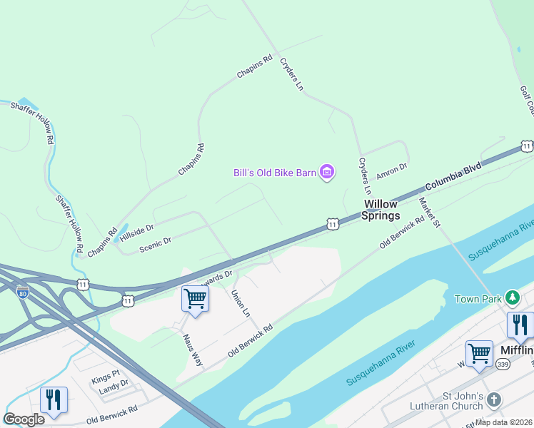 map of restaurants, bars, coffee shops, grocery stores, and more near 7001-7099 Scenic Knolls Dr in Bloomsburg