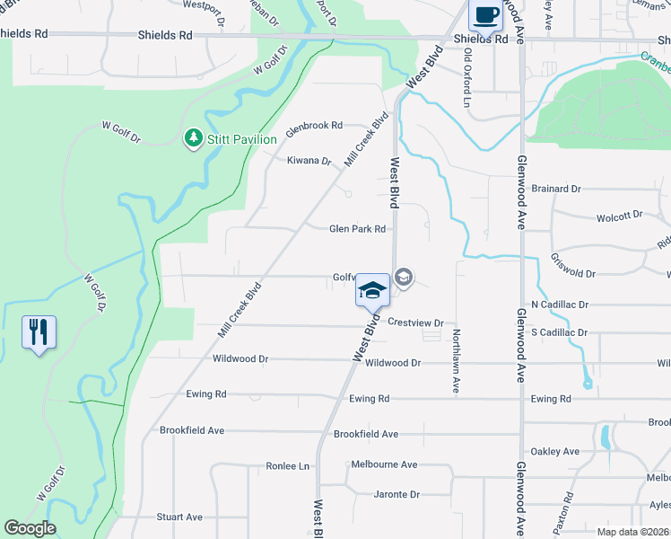 map of restaurants, bars, coffee shops, grocery stores, and more near 728 Golfview Drive in Youngstown