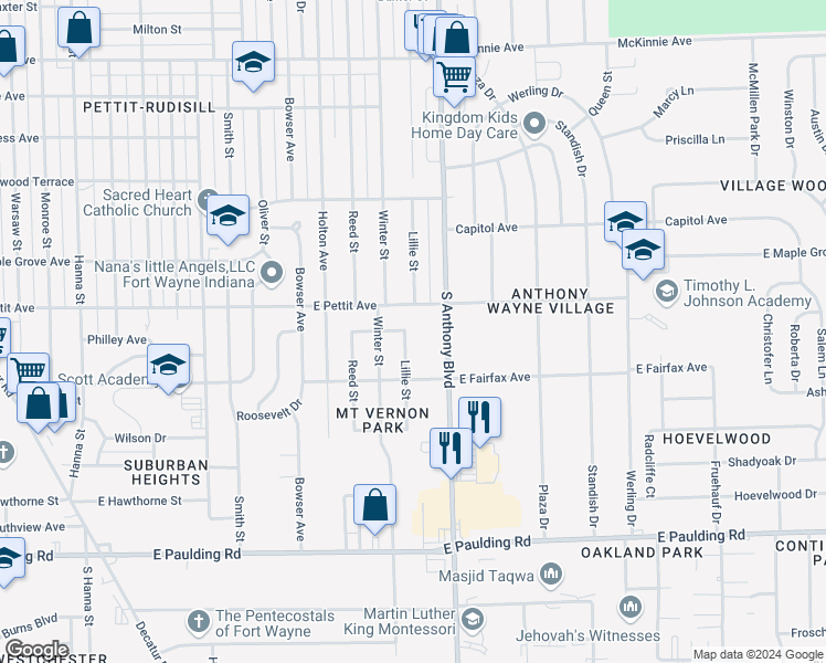map of restaurants, bars, coffee shops, grocery stores, and more near 5011 Lillie Street in Fort Wayne