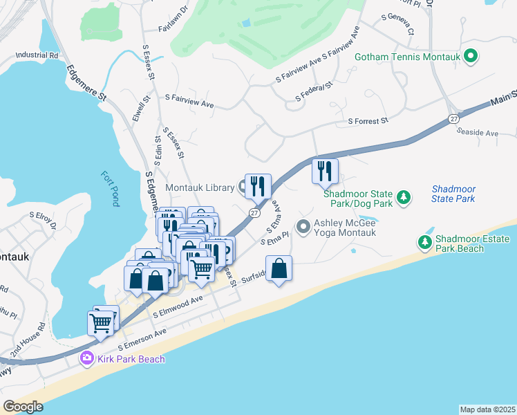 map of restaurants, bars, coffee shops, grocery stores, and more near Montauk Point State Parkway in Montauk
