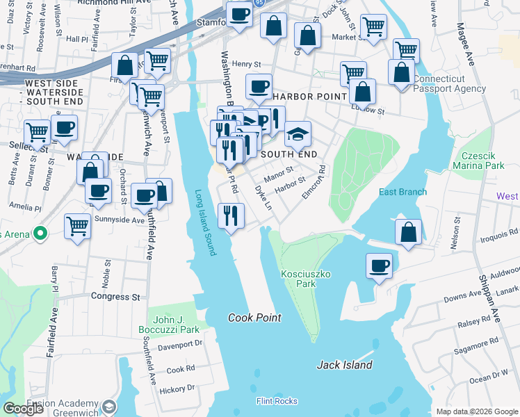 map of restaurants, bars, coffee shops, grocery stores, and more near 2 Harbor Point Road in Stamford