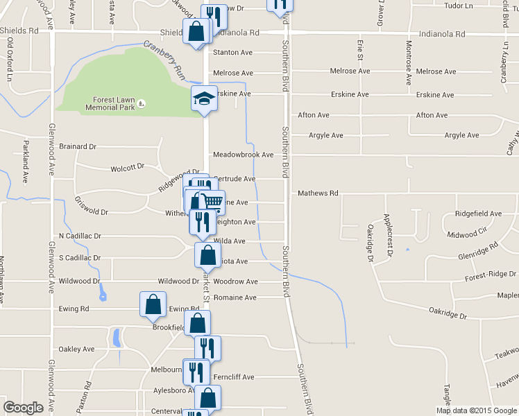 map of restaurants, bars, coffee shops, grocery stores, and more near 75 Arlene Avenue in Youngstown