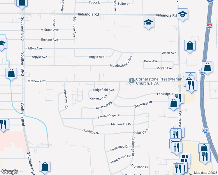 map of restaurants, bars, coffee shops, grocery stores, and more near 425 Mathews Road in Youngstown