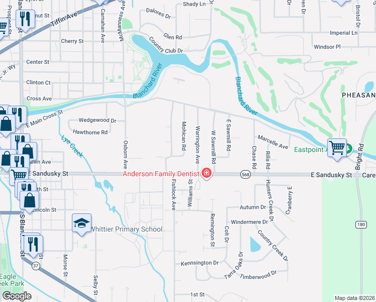 map of restaurants, bars, coffee shops, grocery stores, and more near 304 Warrington Avenue in Findlay