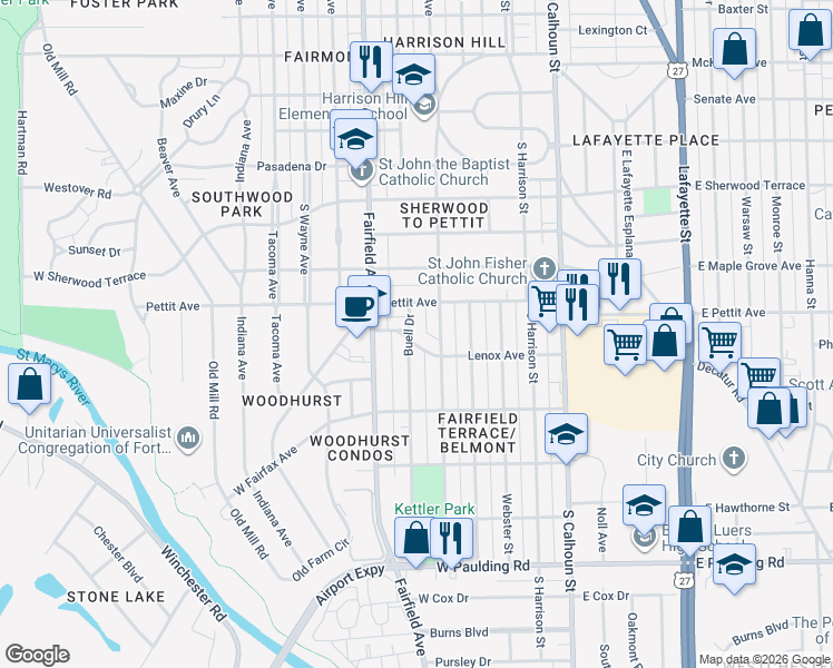 map of restaurants, bars, coffee shops, grocery stores, and more near 442 Lenox Avenue in Fort Wayne
