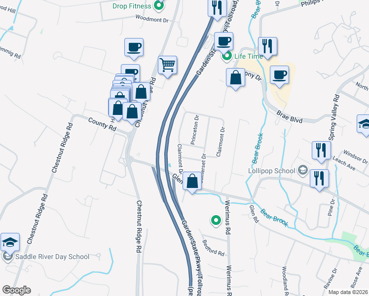 map of restaurants, bars, coffee shops, grocery stores, and more near 17 Harvard Court in Woodcliff Lake