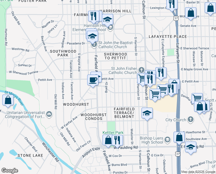 map of restaurants, bars, coffee shops, grocery stores, and more near 4919 Buell Drive in Fort Wayne
