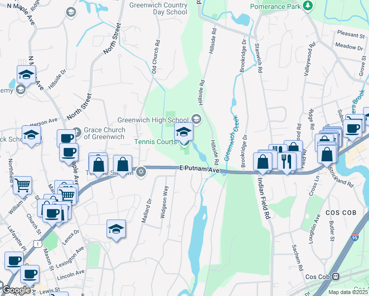 map of restaurants, bars, coffee shops, grocery stores, and more near 10 Hillside Road in Greenwich