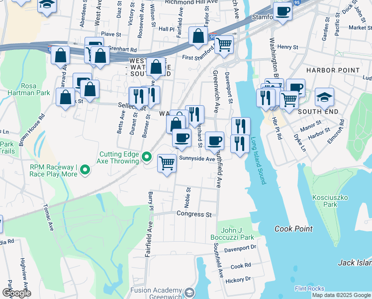 map of restaurants, bars, coffee shops, grocery stores, and more near 377 Fairfield Avenue in Stamford