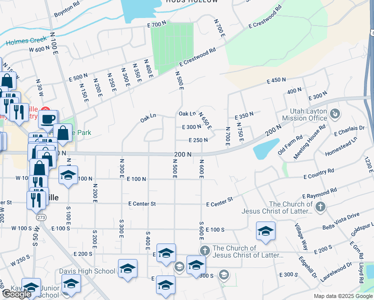 map of restaurants, bars, coffee shops, grocery stores, and more near 578 East 250 North in Kaysville