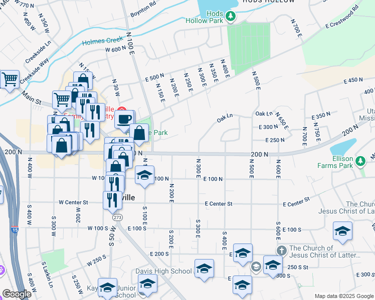 map of restaurants, bars, coffee shops, grocery stores, and more near 223 East 200 North in Kaysville