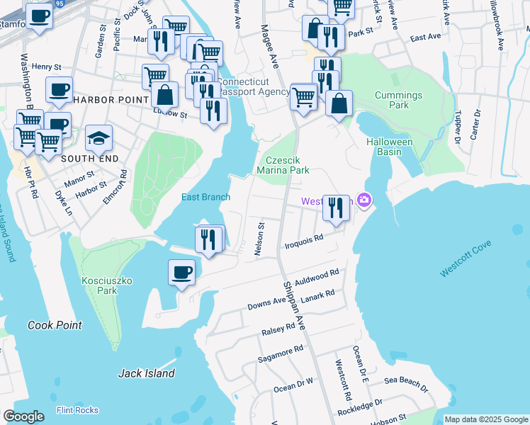map of restaurants, bars, coffee shops, grocery stores, and more near 19 Mariners Lane in Stamford