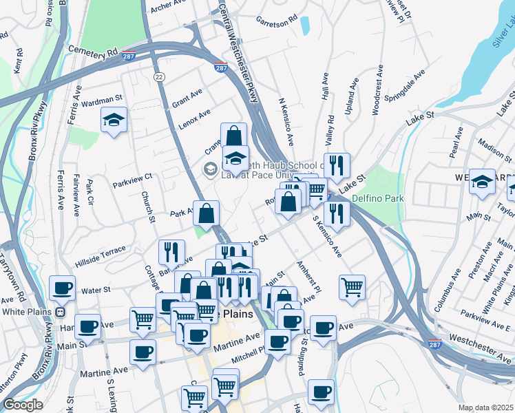 map of restaurants, bars, coffee shops, grocery stores, and more near 5 Ross Street in White Plains