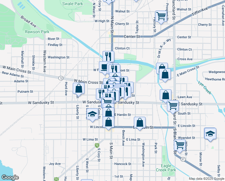 map of restaurants, bars, coffee shops, grocery stores, and more near in Findlay