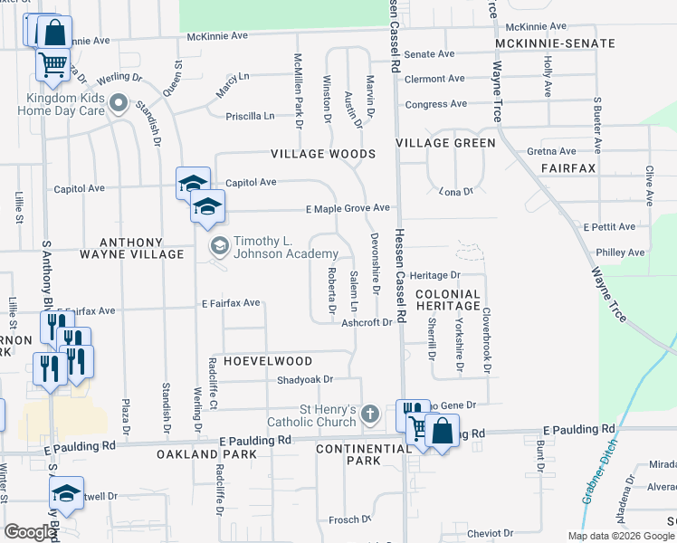 map of restaurants, bars, coffee shops, grocery stores, and more near 4914 Roberta Drive in Fort Wayne