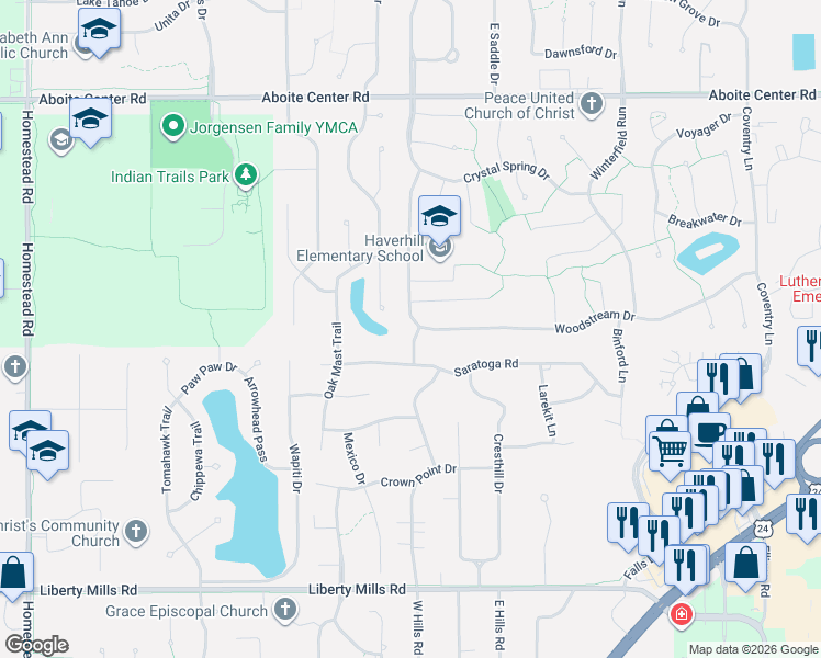 map of restaurants, bars, coffee shops, grocery stores, and more near 10032 Woodstream Dr in Fort Wayne
