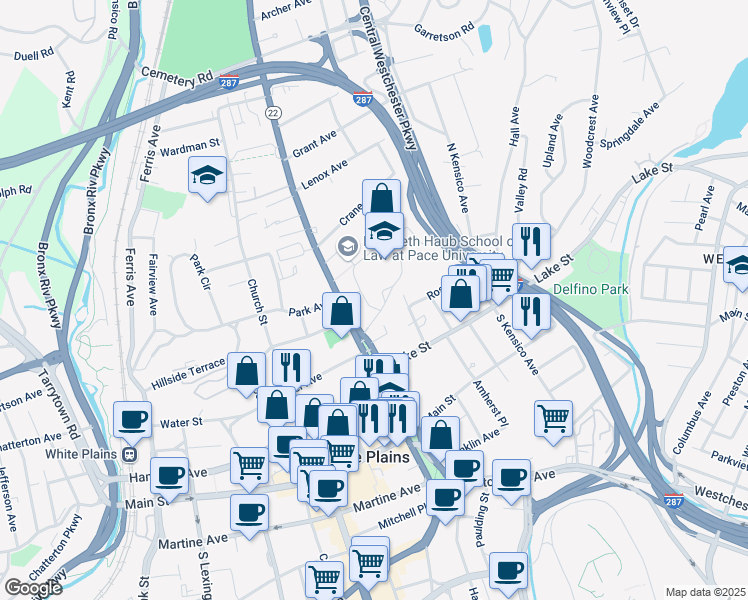 map of restaurants, bars, coffee shops, grocery stores, and more near 50 North Broadway in White Plains