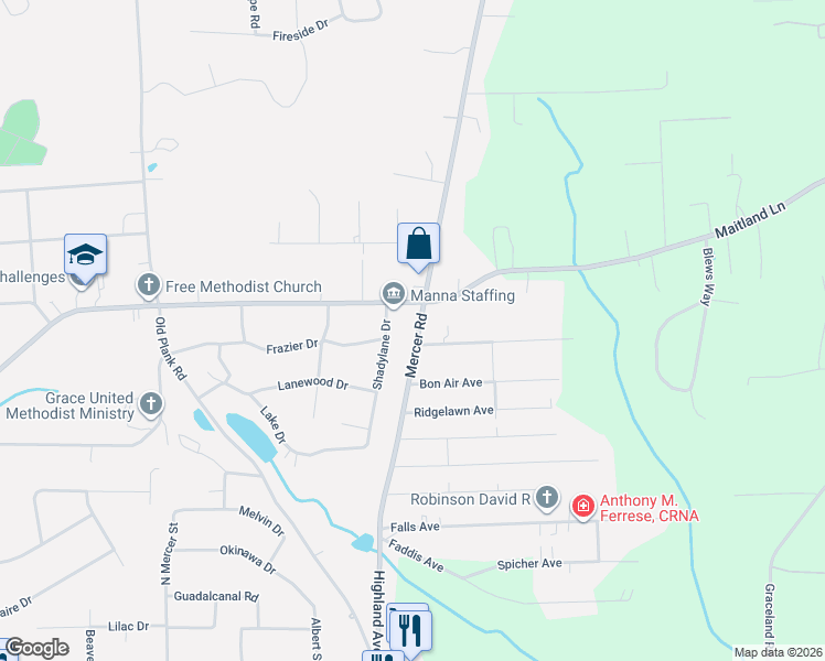 map of restaurants, bars, coffee shops, grocery stores, and more near 2893 Mercer Road in New Castle