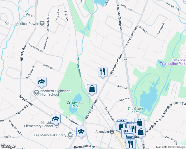 map of restaurants, bars, coffee shops, grocery stores, and more near 54 Hamilton Street in Allendale
