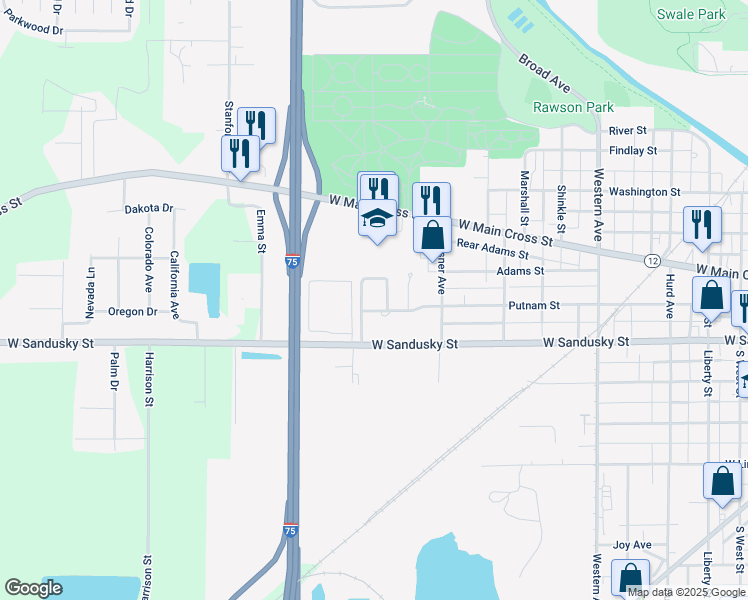map of restaurants, bars, coffee shops, grocery stores, and more near 1200 Putnam Street in Findlay