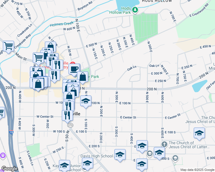 map of restaurants, bars, coffee shops, grocery stores, and more near 223 East 200 North in Kaysville