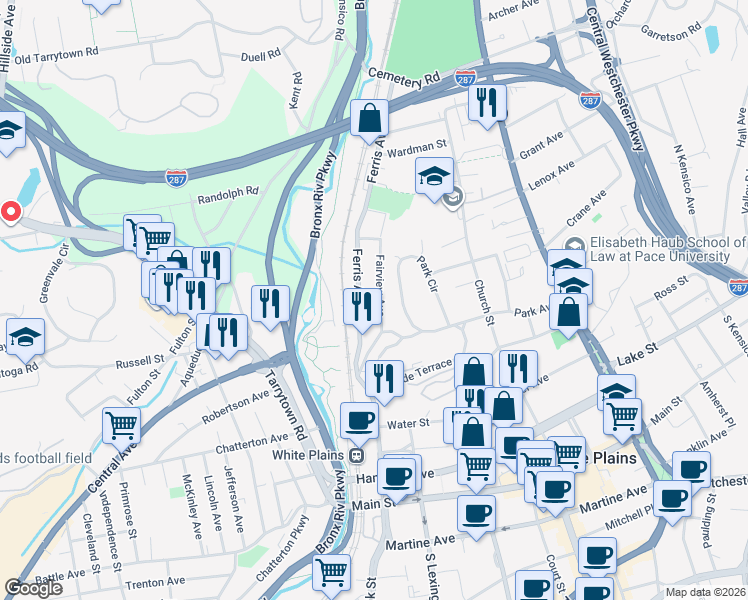 map of restaurants, bars, coffee shops, grocery stores, and more near 29 Fairview Avenue in White Plains