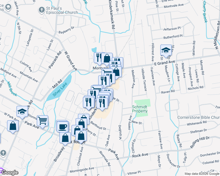 map of restaurants, bars, coffee shops, grocery stores, and more near 24 South Kinderkamack Road in Montvale