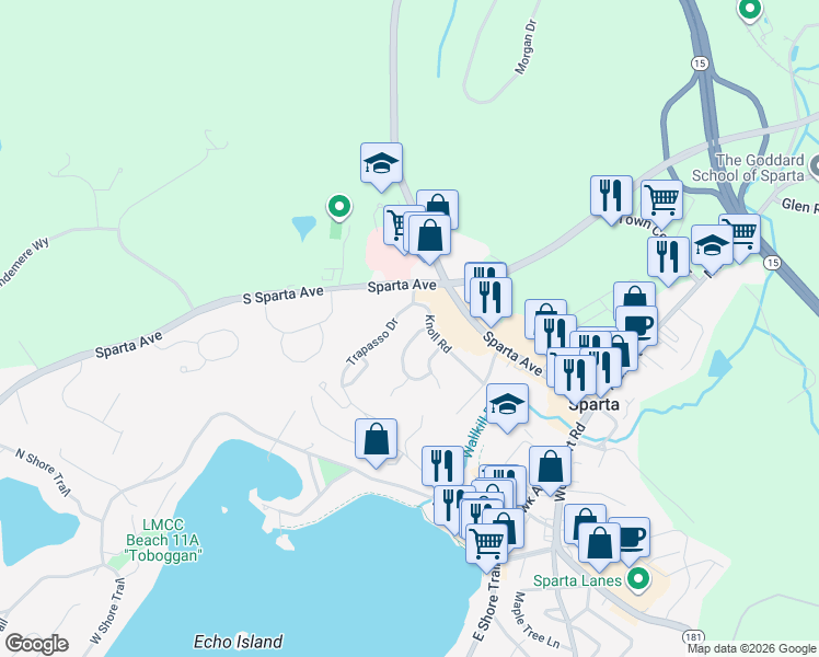 map of restaurants, bars, coffee shops, grocery stores, and more near 8 Knoll Road in Sparta