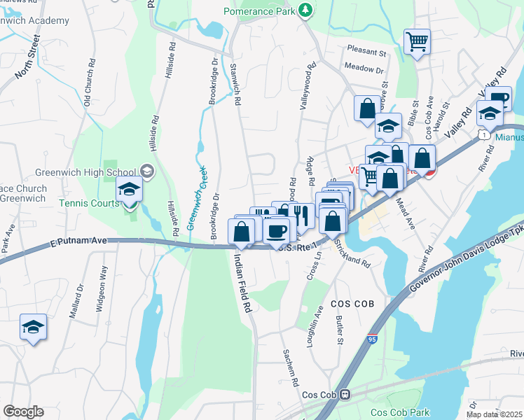 map of restaurants, bars, coffee shops, grocery stores, and more near 11 Stanwich Road in Greenwich