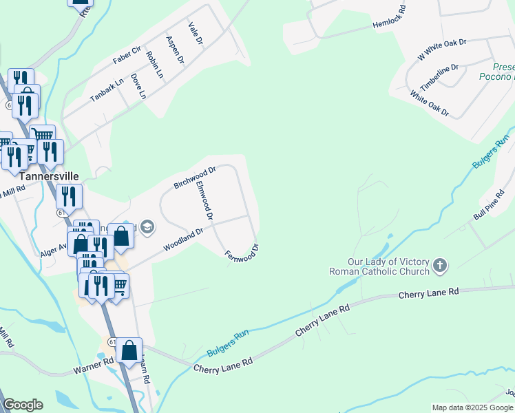 map of restaurants, bars, coffee shops, grocery stores, and more near Birchwood Drive in Tannersville