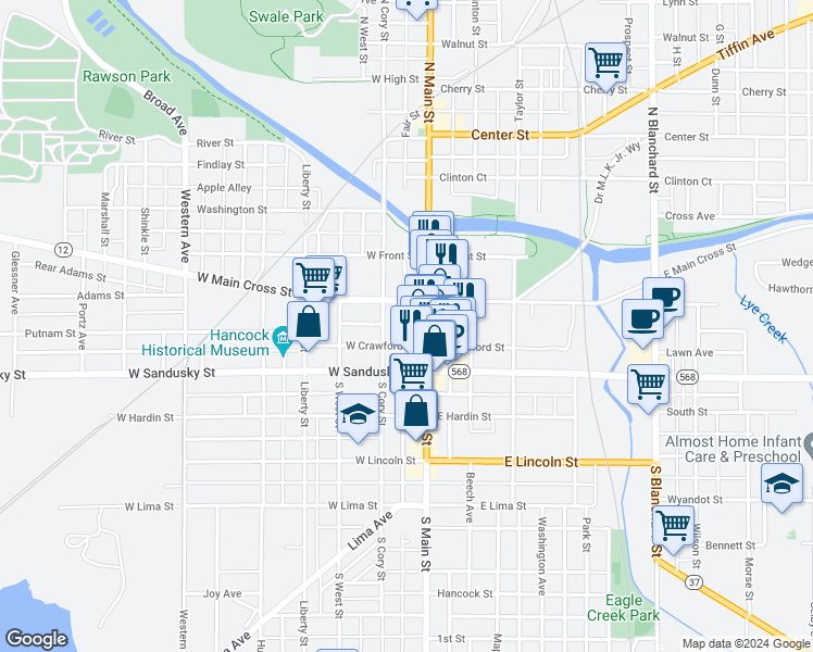 map of restaurants, bars, coffee shops, grocery stores, and more near 316 Dorney Plaza in Findlay