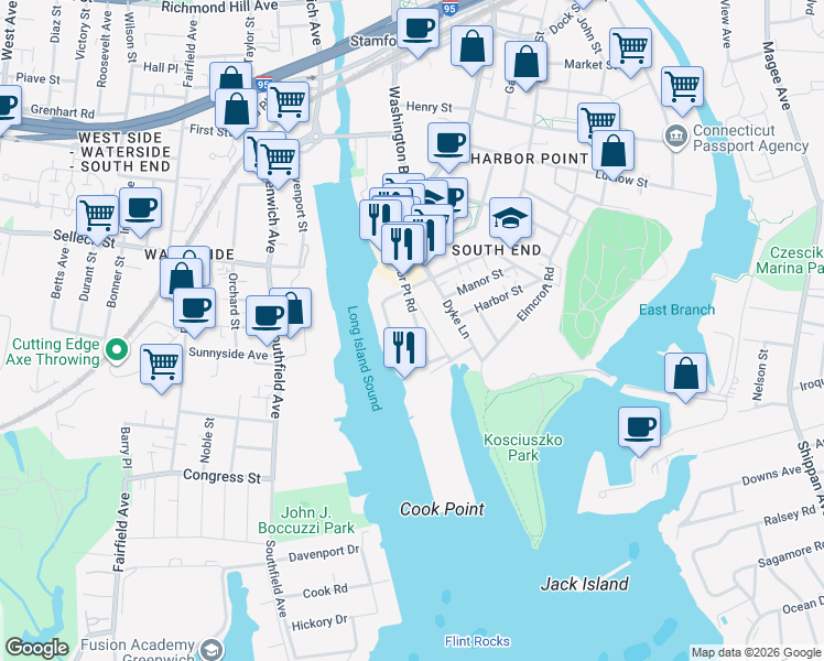 map of restaurants, bars, coffee shops, grocery stores, and more near 17 Harbor Point Rd in Stamford