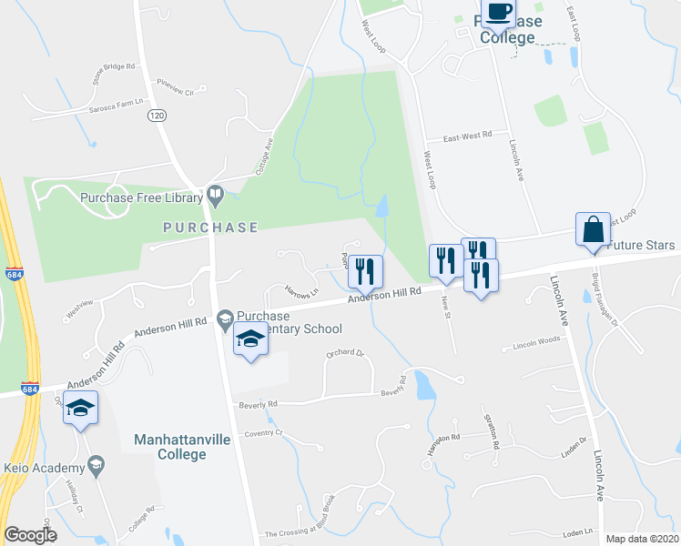 map of restaurants, bars, coffee shops, grocery stores, and more near 6 Ponds Lane in Harrison