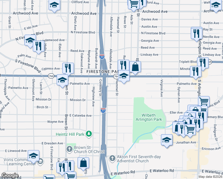 map of restaurants, bars, coffee shops, grocery stores, and more near 629 Donald Avenue in Akron