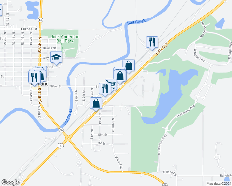 map of restaurants, bars, coffee shops, grocery stores, and more near U.S. Route 6 in California & Silver St in Ashland