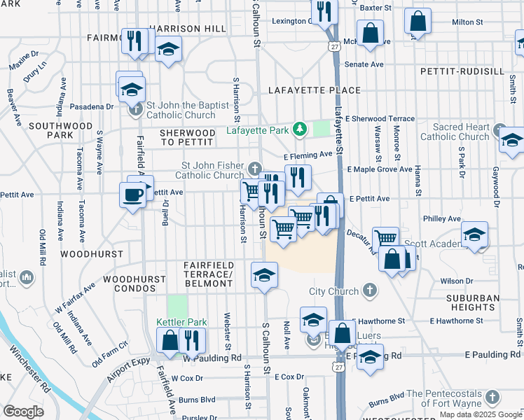 map of restaurants, bars, coffee shops, grocery stores, and more near 4850 South Calhoun Street in Fort Wayne