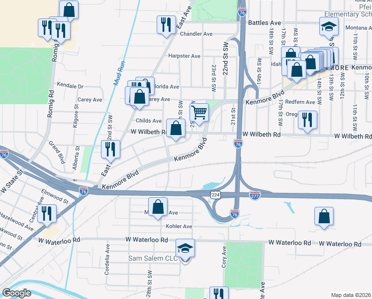 map of restaurants, bars, coffee shops, grocery stores, and more near 1373 Kenmore Boulevard in Akron