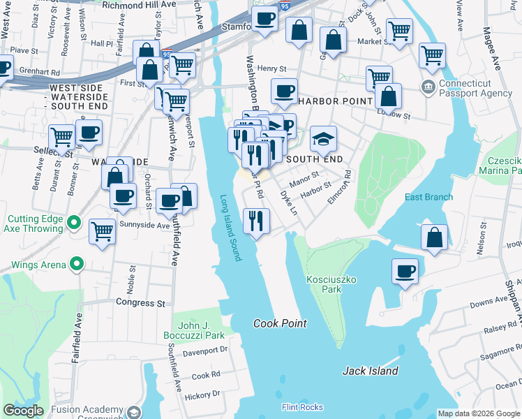 map of restaurants, bars, coffee shops, grocery stores, and more near 17 Harbor Point Rd in Stamford
