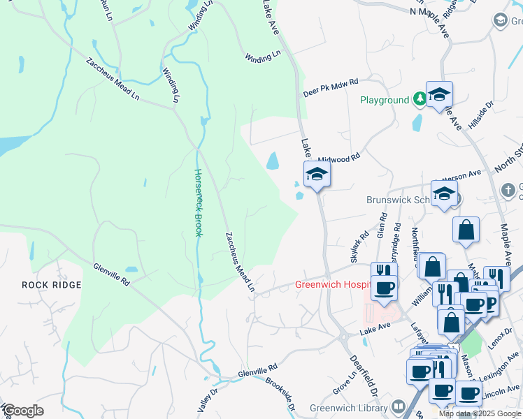 map of restaurants, bars, coffee shops, grocery stores, and more near 25 Ridgeway in Greenwich